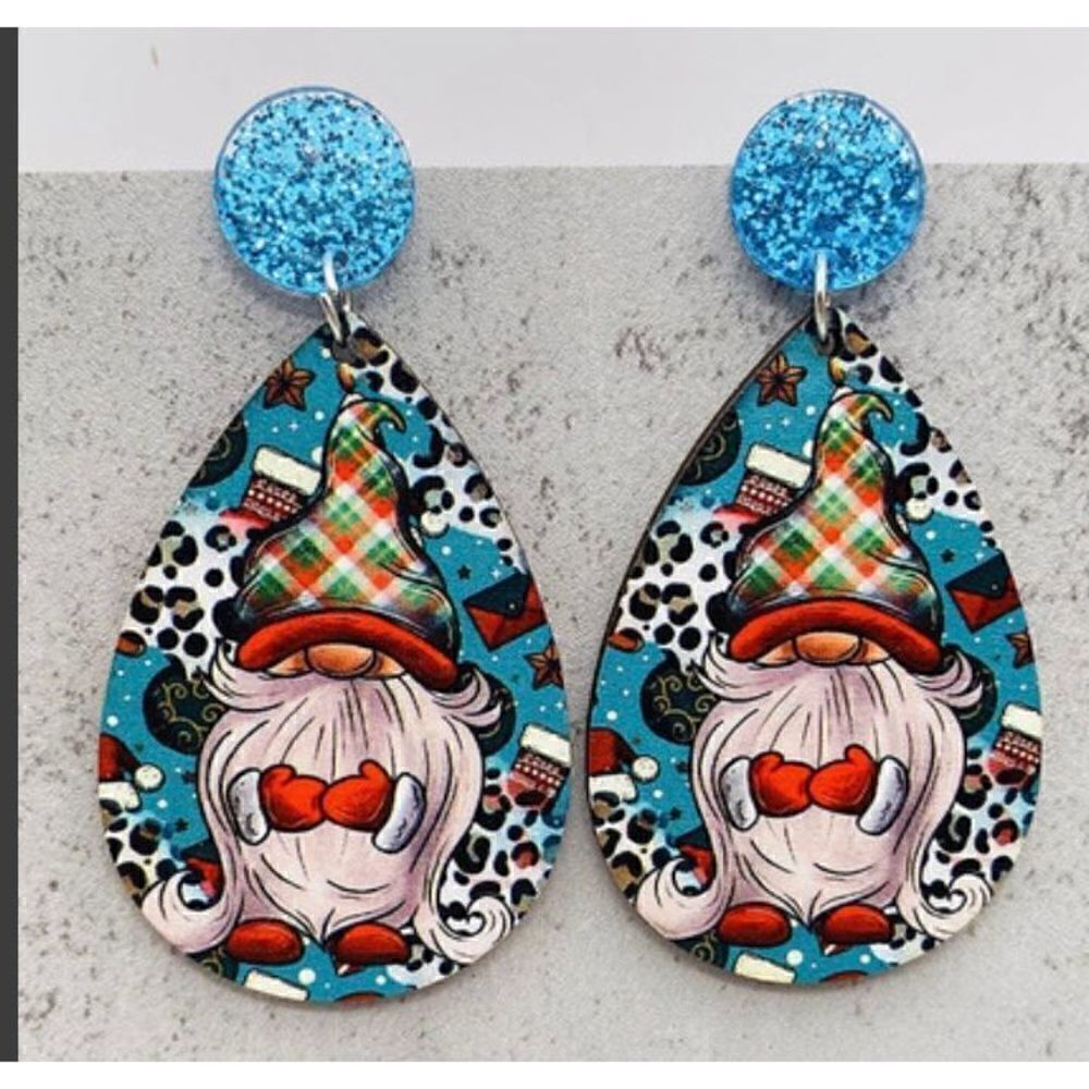 Wooden Water Drop Fall Earrings Holiday Gnome on Blue background New